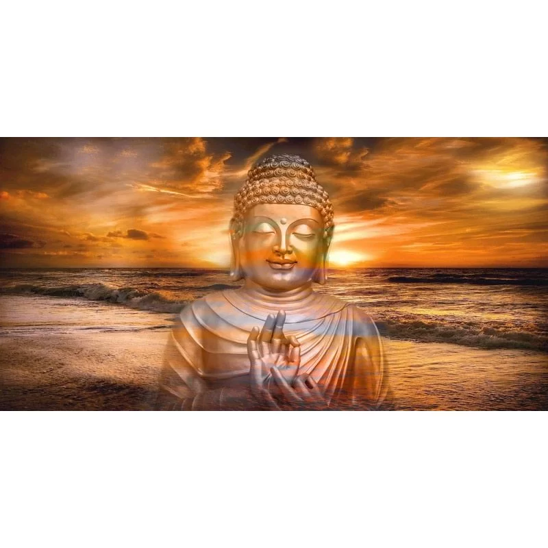 Cuadro de Buda transparente sobre puesta de sol en paisaje marino.