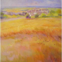 cuadro al óleo Cuadros de paisajes, paisaje campo de trigo y pueblo en lienzo cuadrado. cuadros decorativos.
