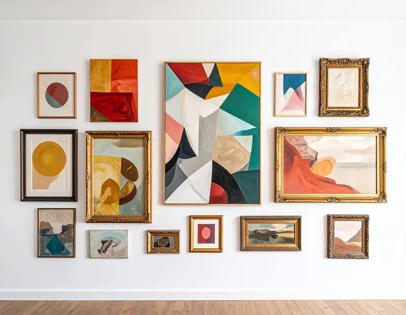 Diferentes formatos de cuadros en salón, pasillo y dormitorio