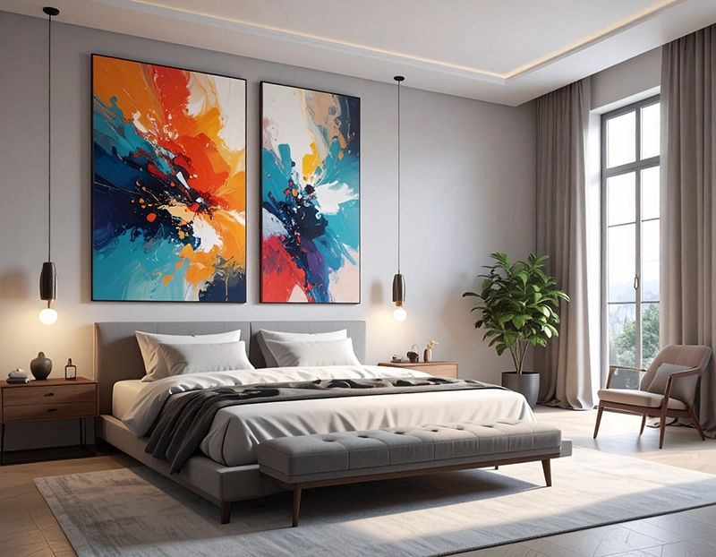 cuadro diptico moderno grande sobre la cama