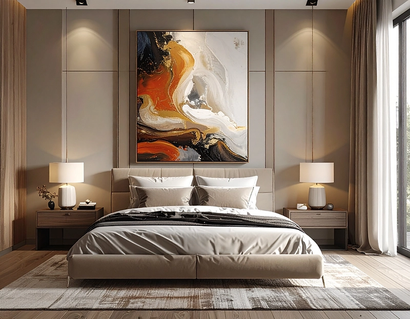 cuadro moderno grande sobre la cama