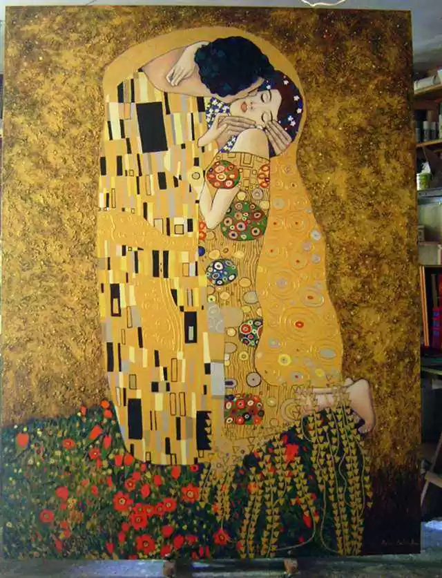 cuadro personalizado, a medida, por encargo en lienzo el beso de klimt reproducción pintada a mano