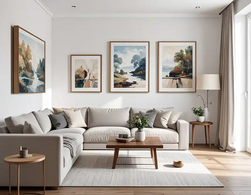Galería de pared con cuadros de diferentes tamaños y marcos