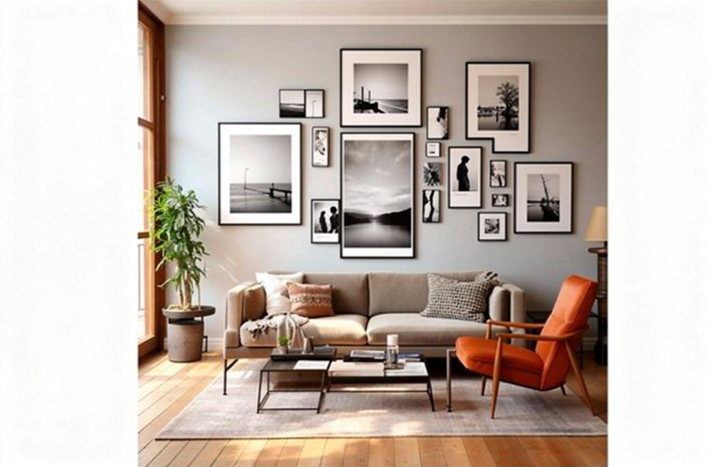 Sala de estar moderna con galería de cuadros abstractos coloridos en la pared