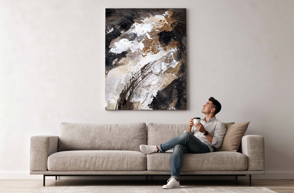 Cuadro abstracto con pinceladas en tonos tierra colgado en sala de estar moderna