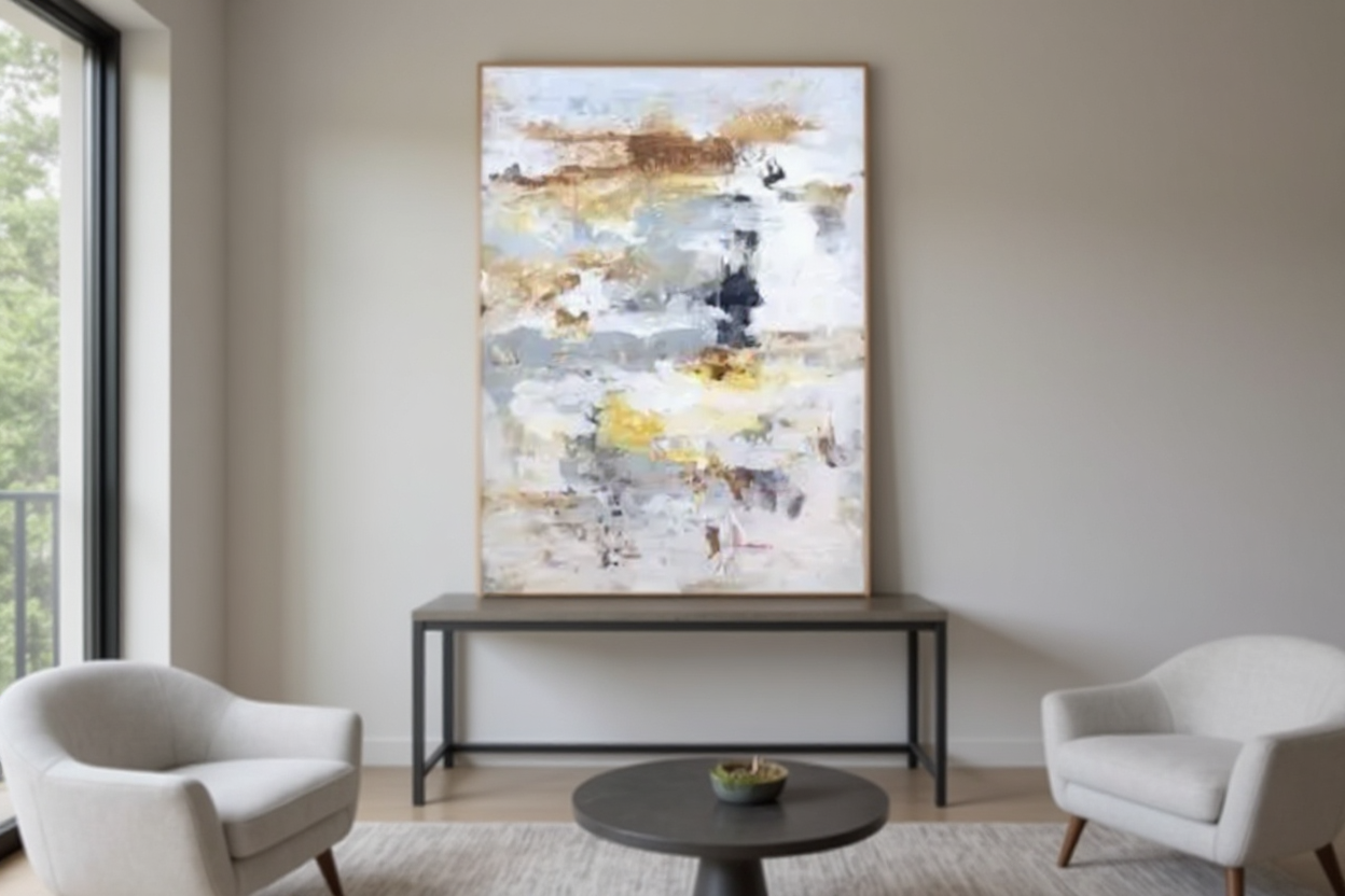 Cuadro abstracto moderno con tonos azules y dorados decorando una sala de estar contemporánea