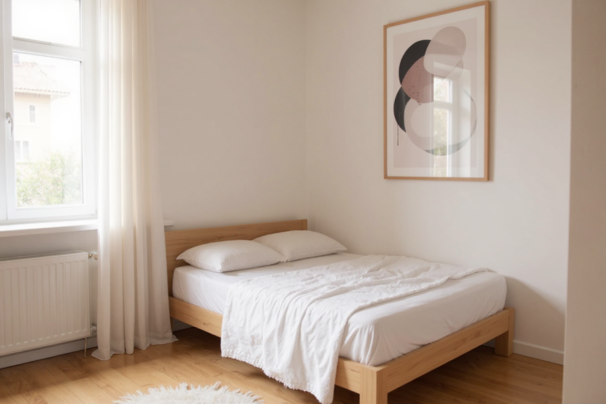 Cuadro abstracto nórdico colgado sobre cama minimalista en dormitorio escandinavo luminoso