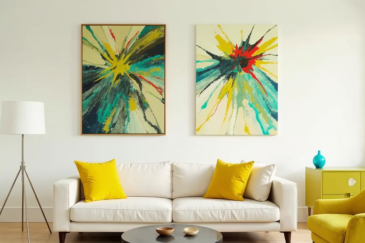 Cuadros abstractos colgados sobre sofá blanco siguiendo la regla 2/3
