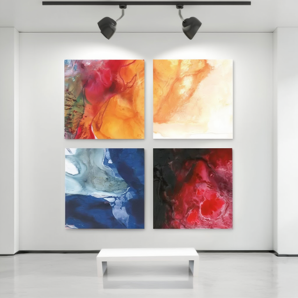 Cuatro cuadros abstractos coloridos dispuestos en composición cuadrada sobre pared blanca