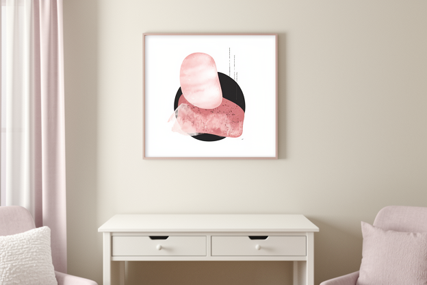 Cuadro abstracto moderno en tonos rosa y negro sobre consola blanca en salón pequeño