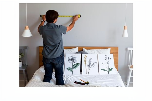 Persona midiendo la pared con cinta métrica planificando dónde colgar tres cuadros decorativos