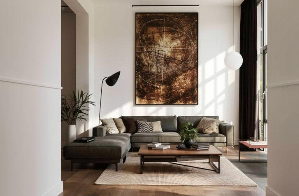 Cuadro abstracto marrón colgado en pasillo de sala moderna con sofá gris